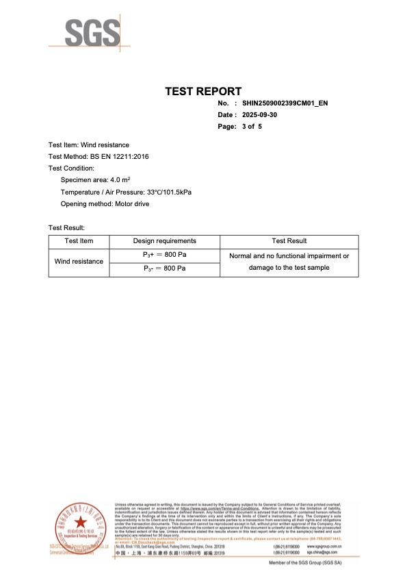 SGS wind-resistance test results for the MAGNAZip+ specimen